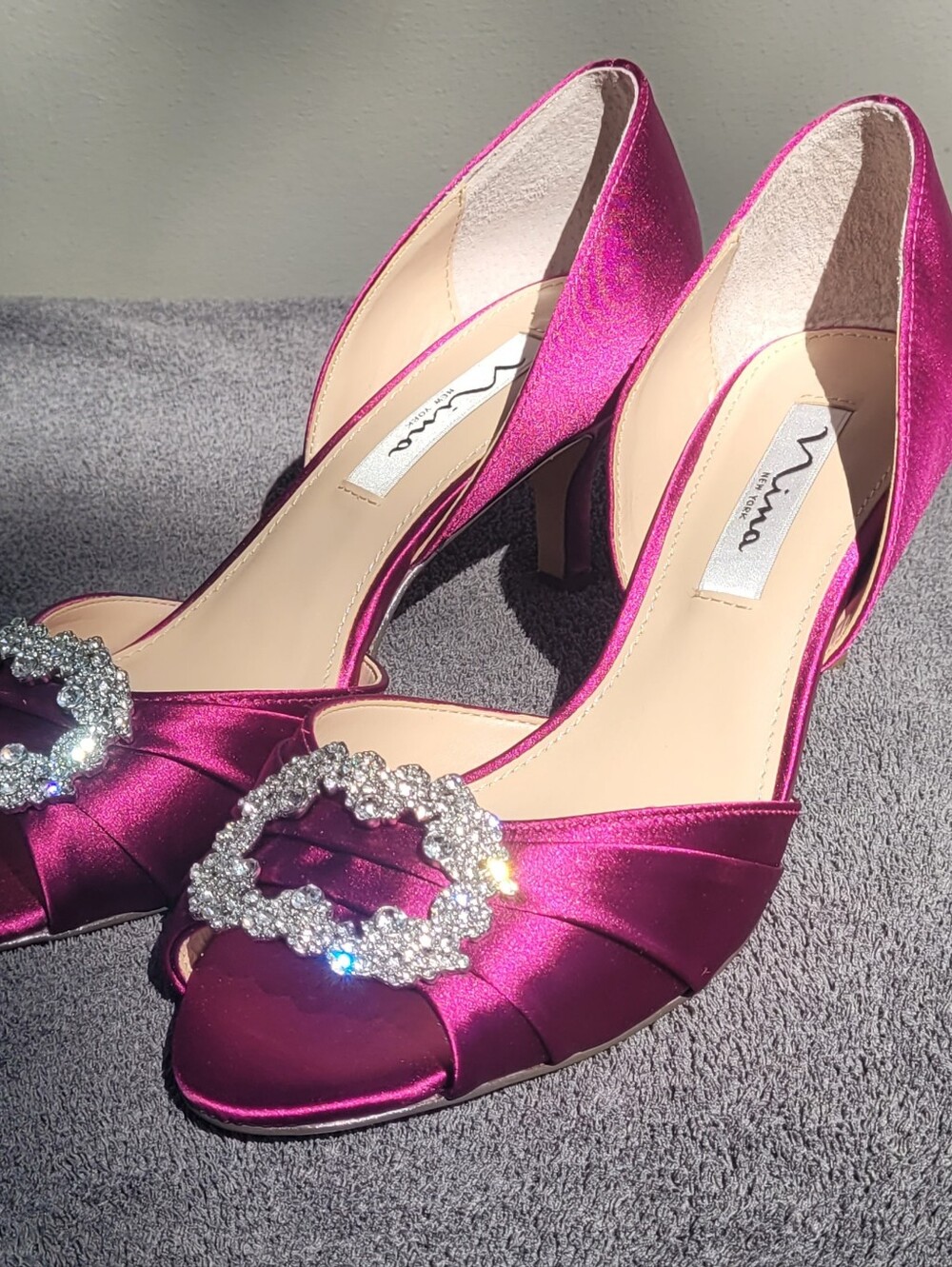 NEW Nina Satin Open-Toe Heels in Deep Fuchsia with Crystal Buckle